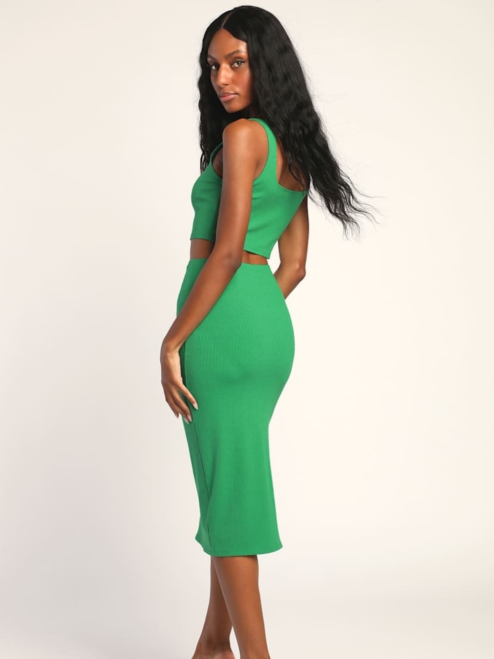 Lulu's Bright Green Ribbed Two-Piece Set For Life Green Bodycon dress - medium - Picture 2 of 10